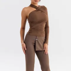 Women's Single Shoulder Long Sleeve Base Top - Light Brown - View 1