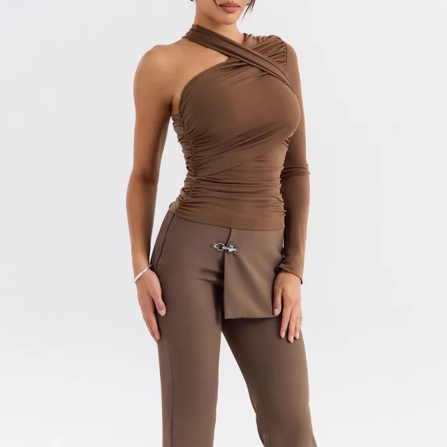 Women's Single Shoulder Long Sleeve Base Top Light Brown - Shop at LoveMi