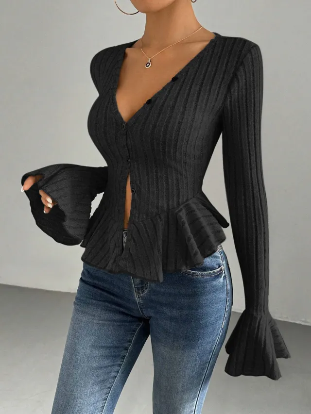 European And American Elegant Style Autumn And Winter New V neck Ruffled Slim Temperament Top Black - Shop at LoveMi