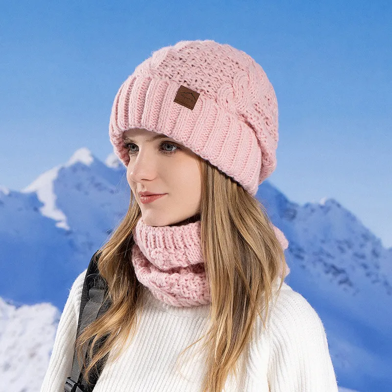 Women's Hat Scarf Set Outdoor Cold-proof Warm Knitted Hat Earmuffs - Pink