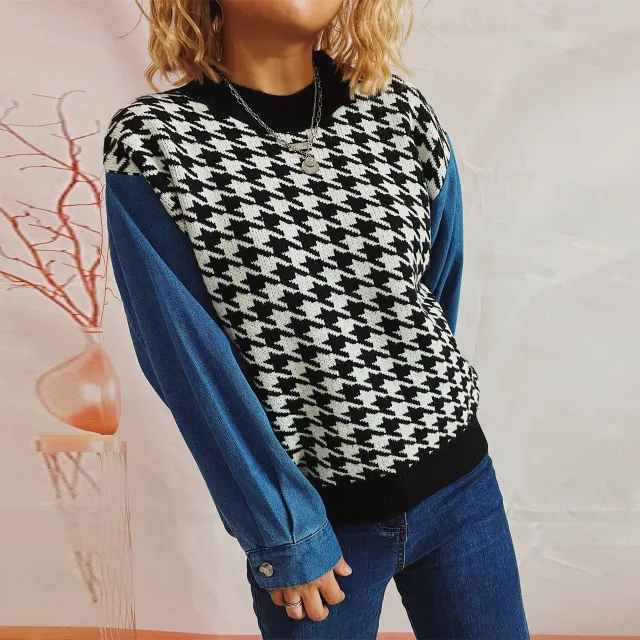 Women's Denim Sleeve Stitching Houndstooth Round Neck Long Sleeve Sweater Black - Shop at LoveMi