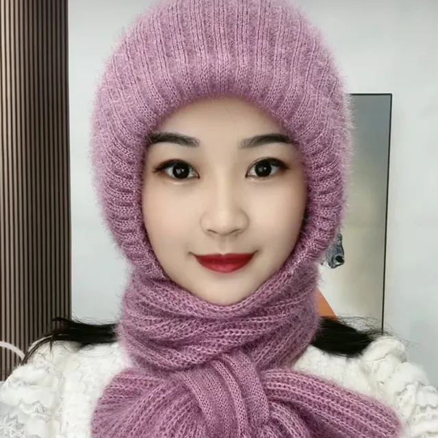 Autumn And Winter Squirrel velvet Double layer Knitted One piece Scarf Hat Pink - Shop at LoveMi