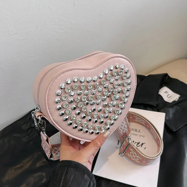 Heart Bag Wide Shoulder Strap Western Style All matching Rivet Crossbody Phone Bag Pink - Shop at LoveMi