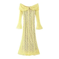 New Summer European And American Style With Lining Off-shoulder Lace Long Sleeve Dress - View 1