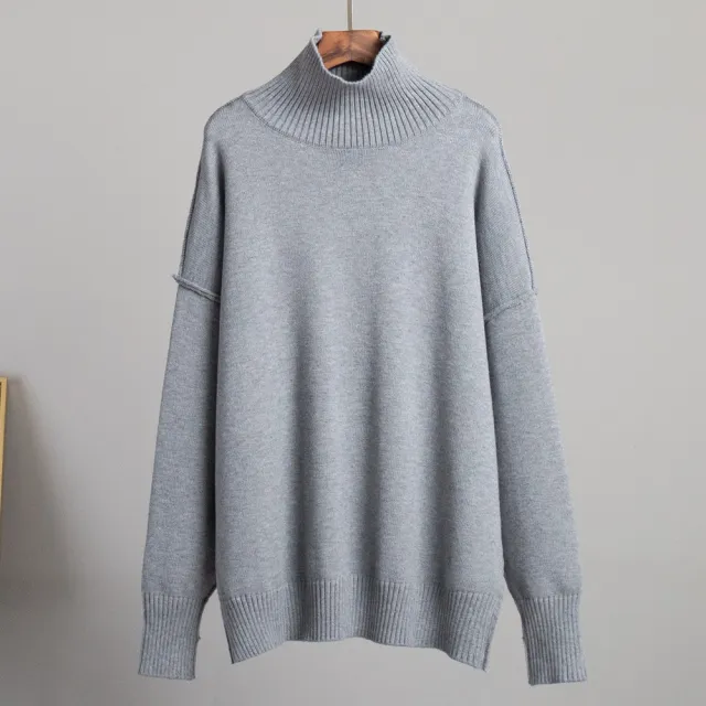 Patchwork Turtleneck Sweater Women's European And American Autumn And Winter Leisure Loose Gray - Shop at LoveMi