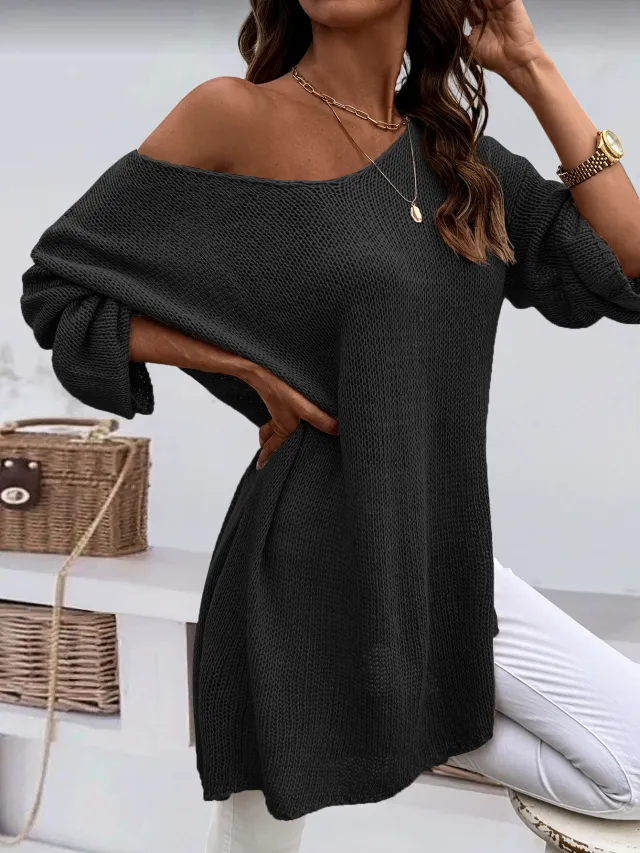 Fashion V neck Pullover Plus Size Women's Knitted Sweater Black - Shop at LoveMi