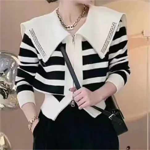 Sailor Collar Striped Sweater Coat Design Sense Niche Hot Drilling White - Shop at LoveMi