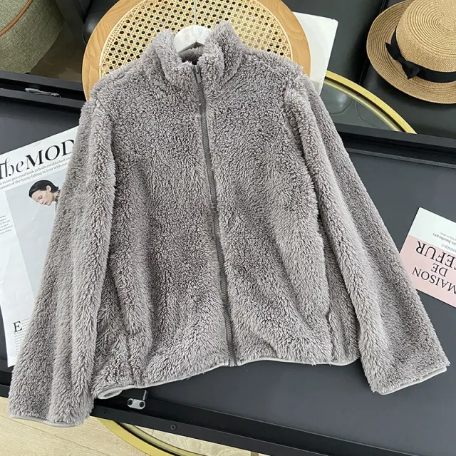 Women's Long Fleece Fleece Cardigan Zipper Coat Brown 39138 - Shop at LoveMi