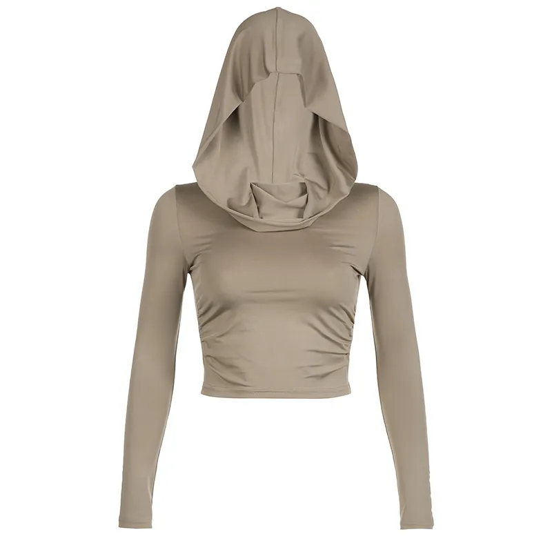 European And American Solid Color Swing Collar Hooded Long Sleeve Skinny Short T-shirt - Brown