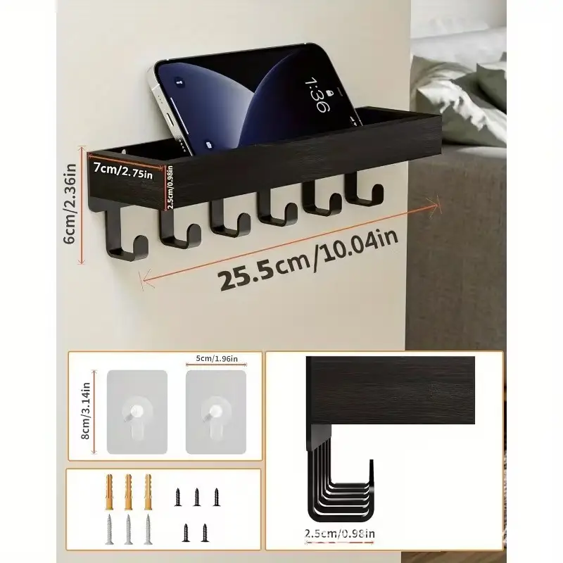 Wall Mounted Wooden Key Holder and Storage Shelf with Hooks
