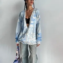 Vintage Tie-dyed Distressed Woolen Coat Women's Cardigan - Zy4258 Blue - View 1