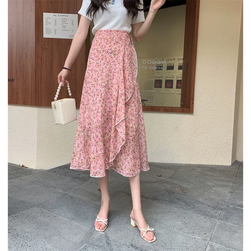 Vacation Style Floral Skirt Chiffon Dress Skirt One-piece Ruffled - 857 Pink Yellow Flower