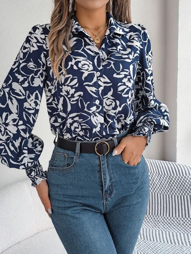 Elegant Contrast Color Flower Lantern Sleeve Lapel Shirt Dark Blue - Shop at LoveMi