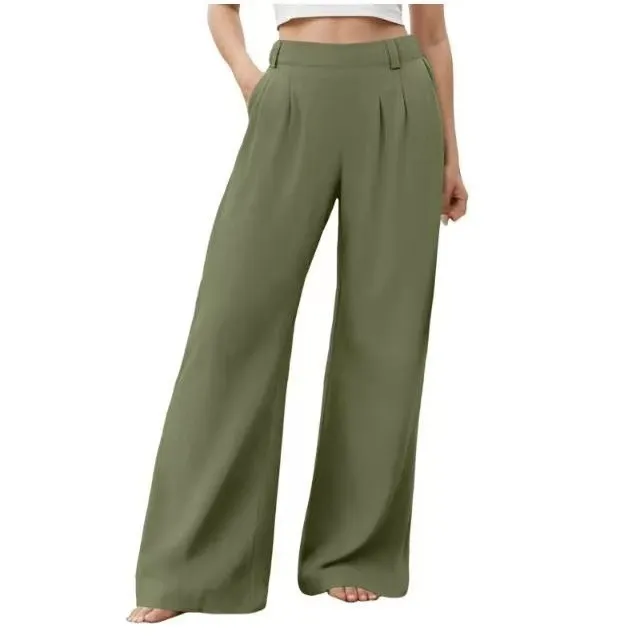 New Loose fitting Women's Wide Leg Casual Trousers Army Green - Shop at LoveMi