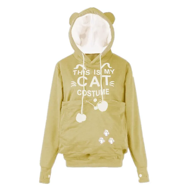 Autumn And Winter Letter Cat Face Printed Coat Alien Cat Kangaroo Long Sleeve Hooded Sweater Women Letter Khaki - Shop at LoveMi