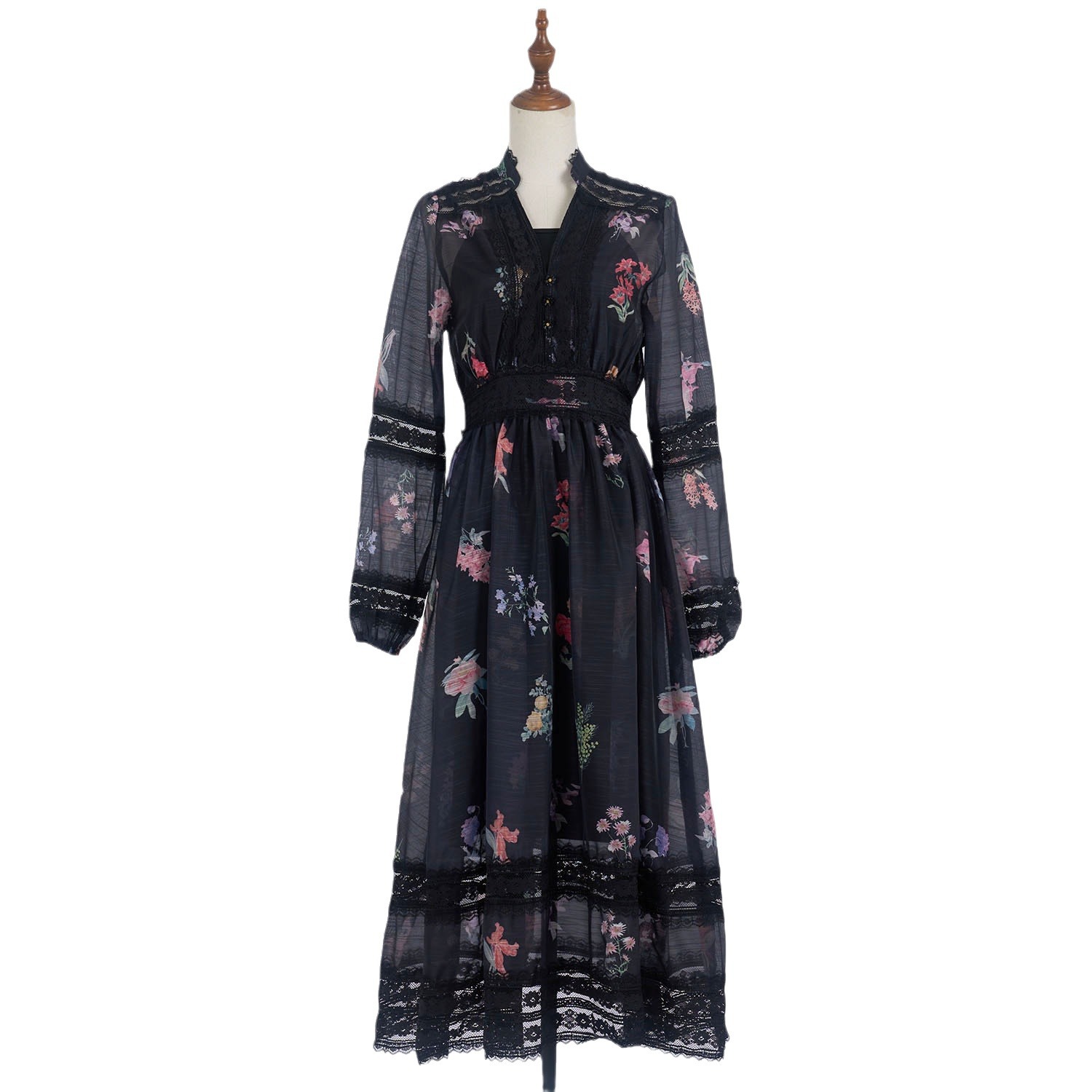 Elegant White Printed Patchwork Retro Lace Heavy Industry V-neck Dress