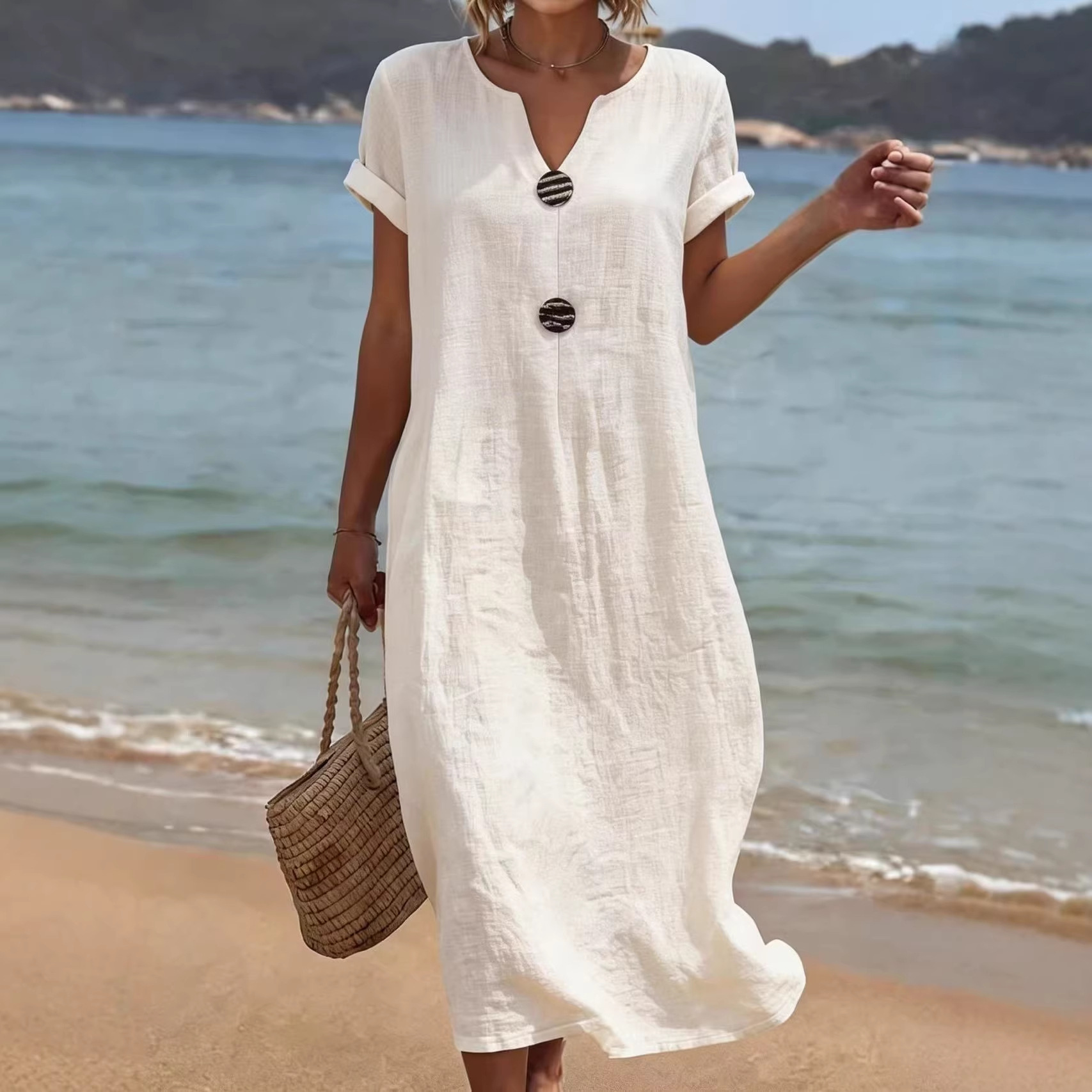 Womens Casual Solid-Color Cotton-Linen Dress