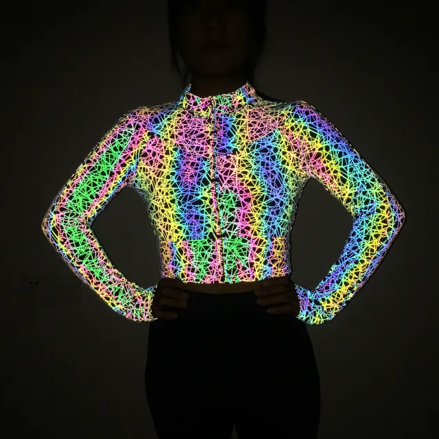 Colorful Reflective Short Jacket Women's Sports Zipper Top Birds Nest Pattern - Shop at LoveMi