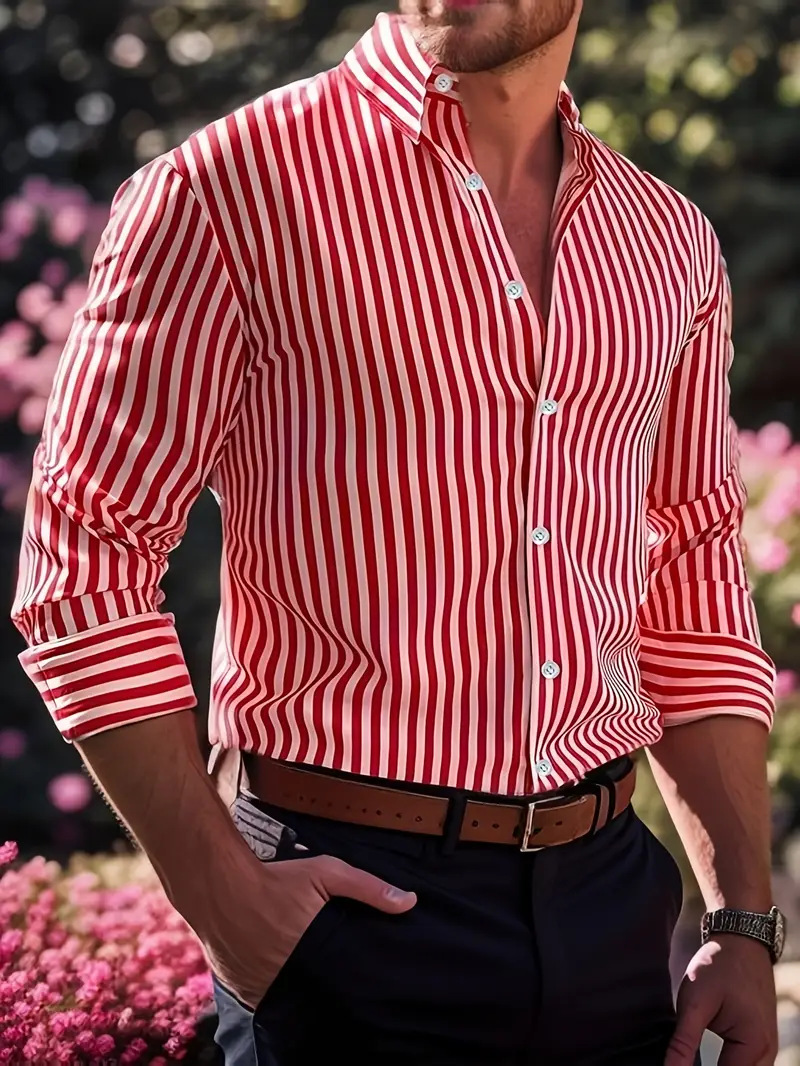 Ins Stripe Printed Long Sleeve Shirt Men Fashion Casual Lapel Button Top Clothin - Picture 8 of 13