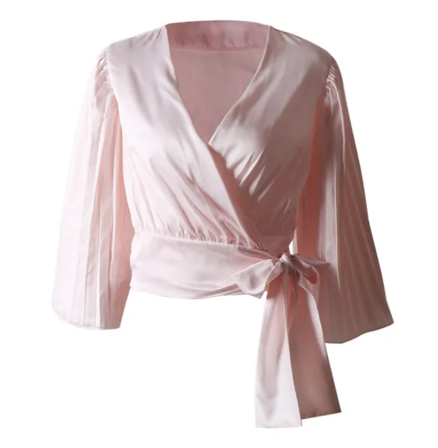 Long Sleeve Shirt Short V neck Puff Sleeve Top Pink - Shop at LoveMi