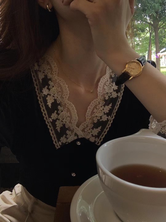 Lace V-neck Retro French Short Temperamental Pleuche Shirt