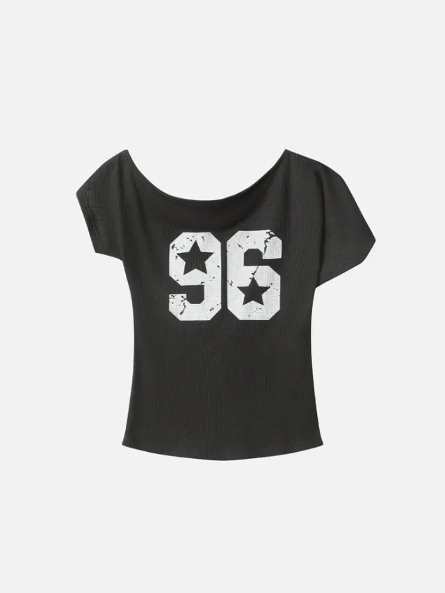 Casual Loose Sports Style Printed Slant Shoulder Pullover Short Sleeve Black - Shop at LoveMi