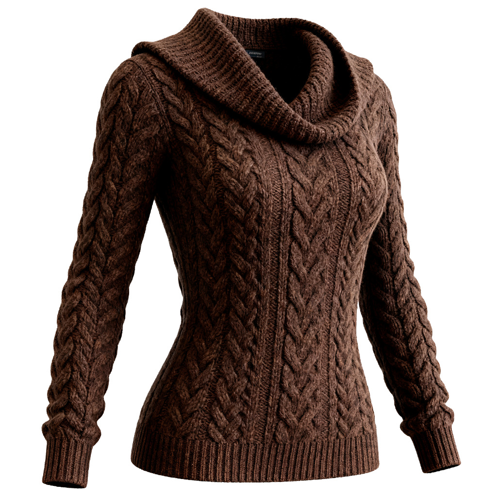 Womens Country-Style Brown Cable-Knit Turtleneck Sweater