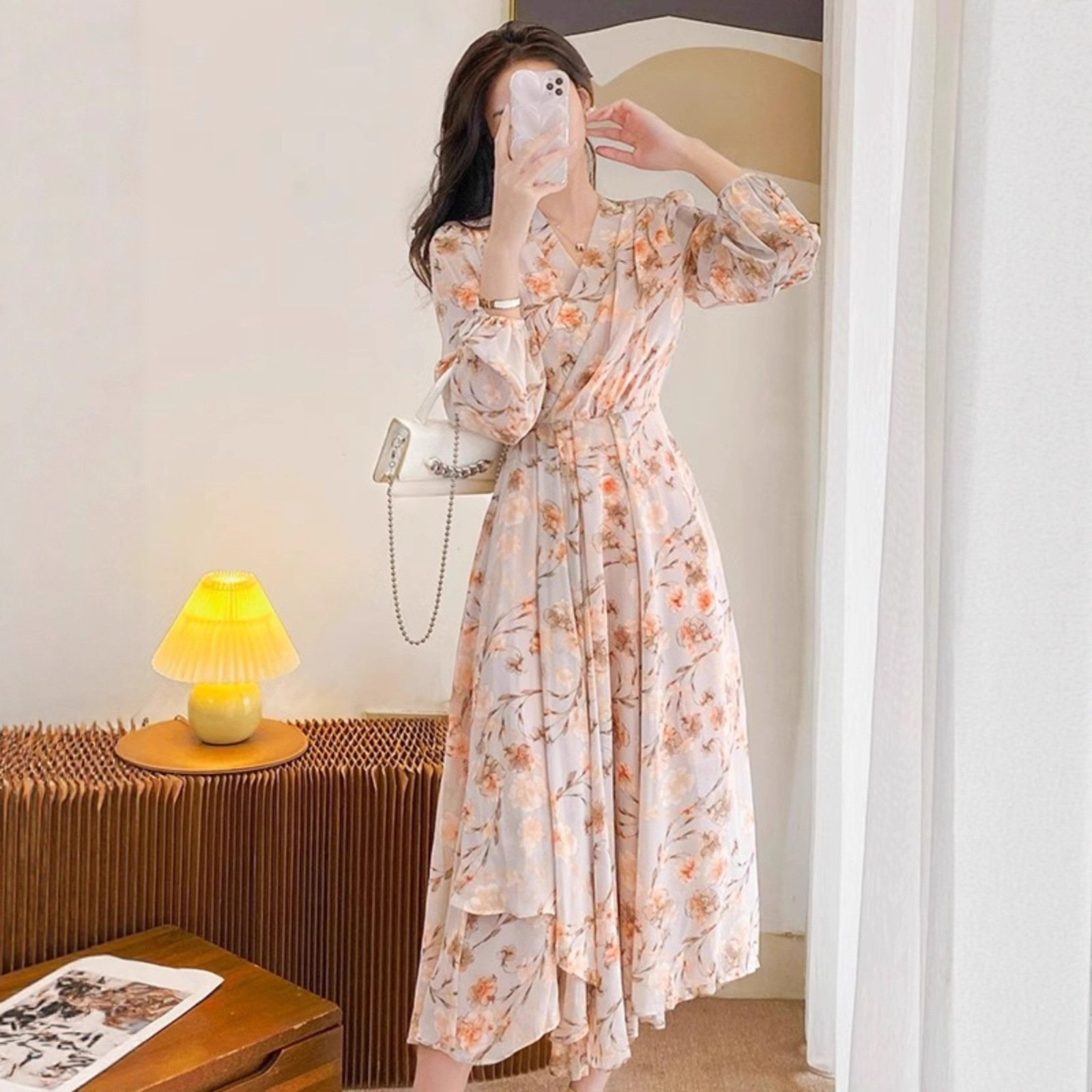 Temperament Long Sleeve V-neck French Chiffon Floral Dress