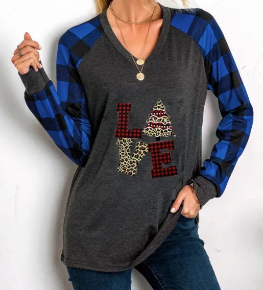 Christmas Printed Checkered V neck Long sleeved T shirt Stitching Blue - Shop at LoveMi
