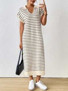 Women's Knitted Striped V-neck Long Dress - Apricot - View 1