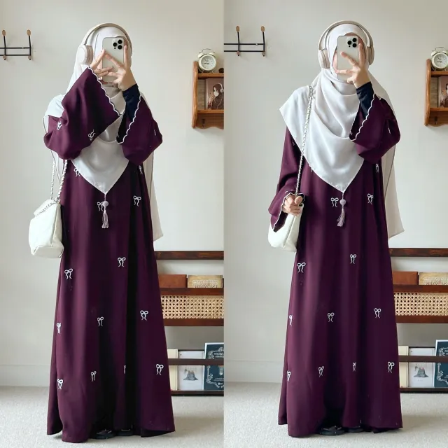 Dubai Middle East Turkey Dubai Bowknot Embroidery Dress Wine Red - Shop at LoveMi