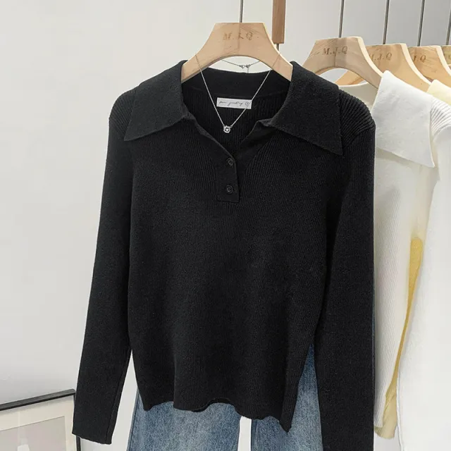 Polo Collar Button Base Long Sleeve Inner Wear Short Sweater Beautiful Top Jm166 Black - Shop at LoveMi