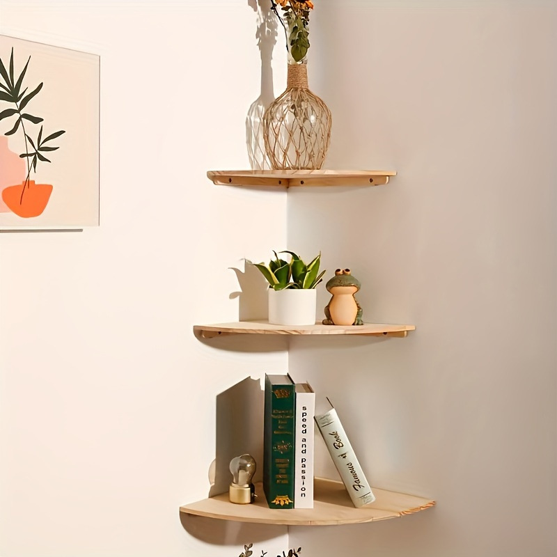 Fan Shaped Partition Rubberwood Wall Mounted Corner Shelf