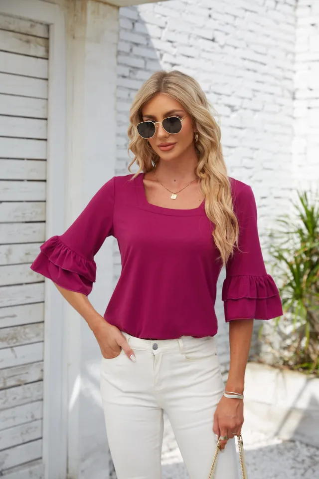 Square Collar Ruffled Half Sleeve Solid Color Loose T shirt Rose Red - Shop at LoveMi