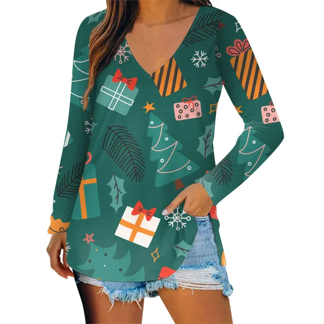 Autumn New Casual Christmas Pattern Long Sleeve V neck T shirt Wb14Wb14Zn241005Y062 L - Shop at LoveMi