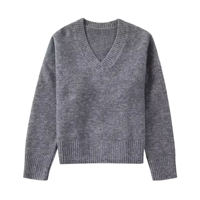 Fashionable V neck Soft Long sleeved Sweater Gray - Shop at LoveMi