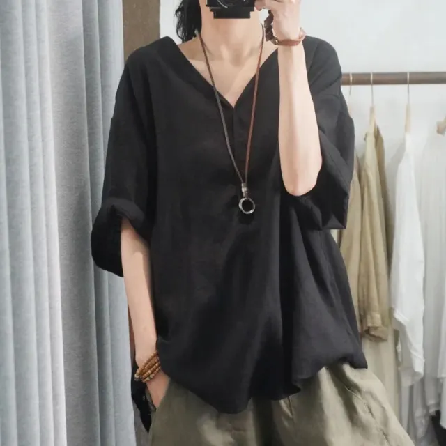 Half sleeved Casual Loose fitting Plus Size V neck Top T shirt With Short Sleeves Black - Shop at LoveMi