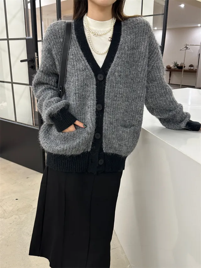 Women's Wool Contrast Color Knitted Sweater Cardigan V neck Gray - Shop at LoveMi