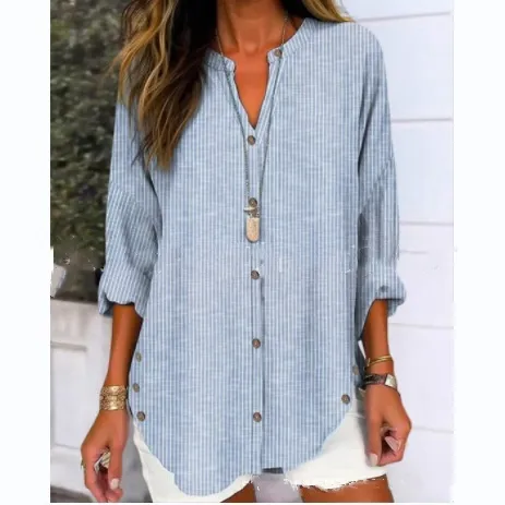 Casual Fashion Button Striped Long Sleeve Solid Color Shirt Blue - Shop at LoveMi