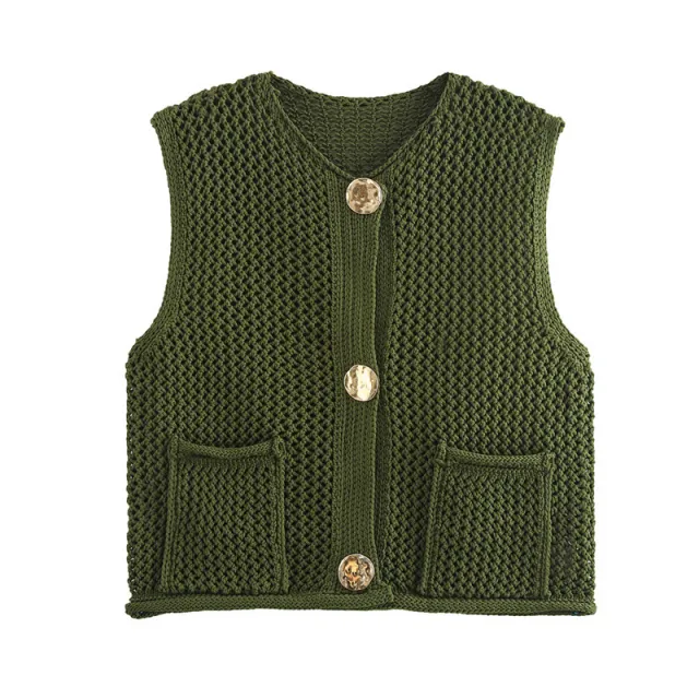 New Spring And Summer European And American Style Casual Breasted Thick Needle Knitted Vest Top Army Green - Shop at LoveMi