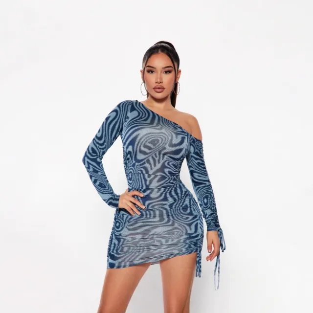 Women's Fashion Drawstring Ruched Tie Long Sleeve Dress Blue - Shop at LoveMi