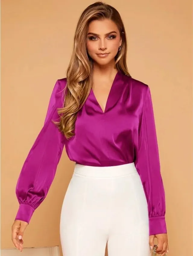Women's Long sleeved Satin Shirt Purple - Shop at LoveMi