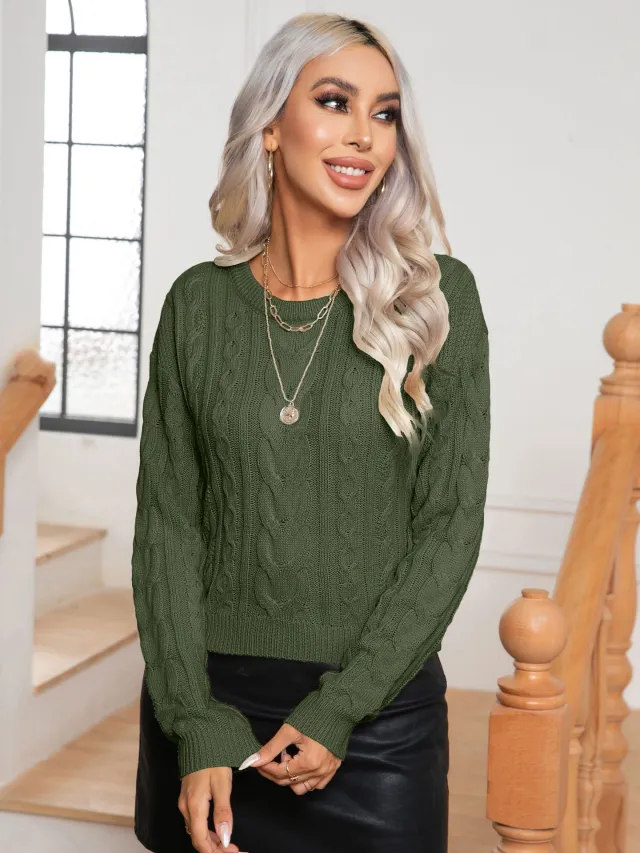 Womens Retro Cable Knit Long Sleeve Knitted Pullover Sweater Green - Shop at LoveMi