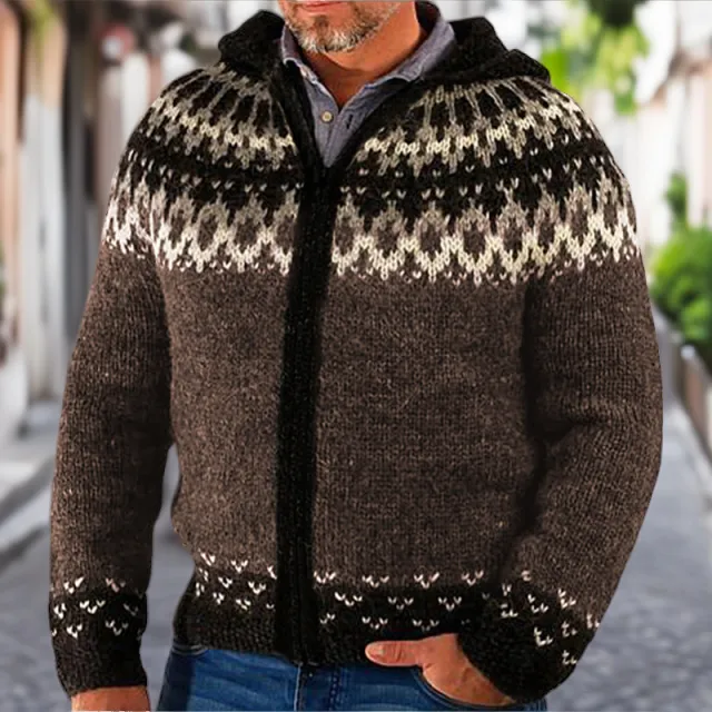 Men's Jacquard Knitted Hoodie With Long Sleeves And Zipper front Cardigan Sweater Dark Brown - Shop at LoveMi