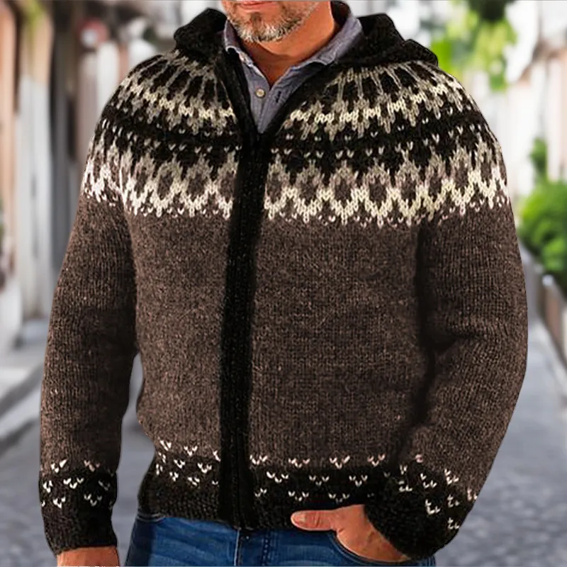 Men's Jacquard Knitted Hoodie With Long Sleeves And Zipper-front Cardigan Sweater - Dark Brown