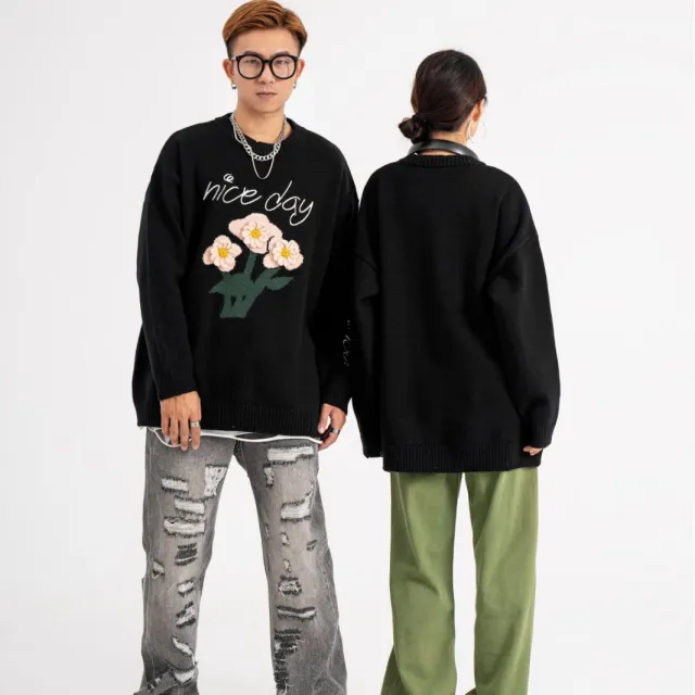 Retro Three dimensional Floral Embroidered Knitwear Sweater Black - Shop at LoveMi