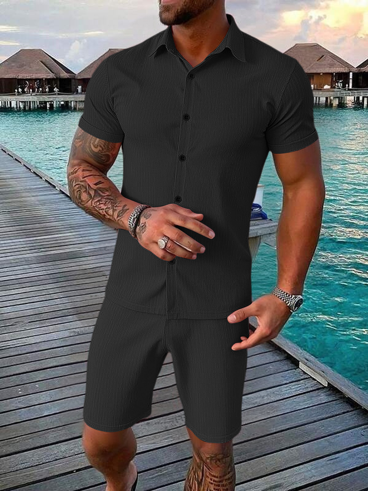 Men's Casual Button-up Short-sleeve Top And Shorts Two-piece Set - Image 6