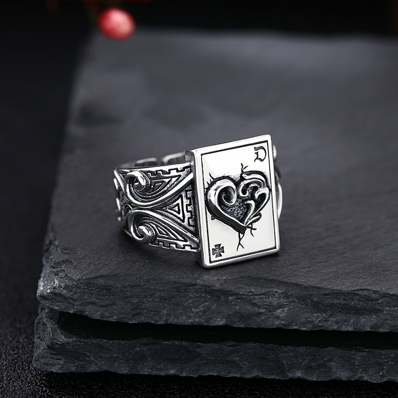 925 Sterling Silver Poker Card Ring Open-End Adjustable