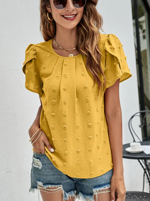 Crew Neck Casual Tulip Sleeve T shirt Jacquard Top For Women Yellow - Shop at LoveMi