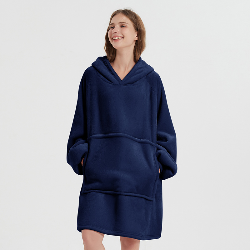 Thickened Casual Long sleeve Zippered Blanket Loungewear Navy - Shop at LoveMi
